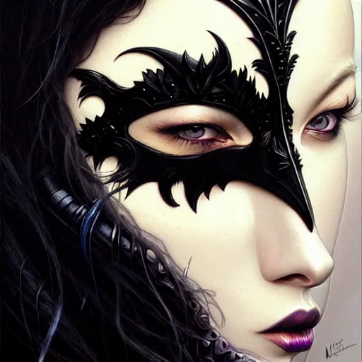 Image similar to portrait of a young woman in a raven masquerade mask, dark, piercing eyes, exotic expression, esoteric clothing, photorealistic, highly detailed, mysterious lighting, artstation, smooth, sharp focus, art by michael whelan, artgerm, greg rutkowski and luis royo