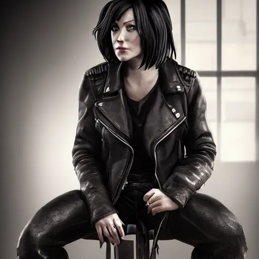 Prompt: a woman with black hair and a leather jacket and a grey shirt, sitting on a chair in a run down hotel room upset, muscular upper body, abs, gritty, d & d, fantasy, intricate, elegant, highly detailed, digital painting, artstation, smooth, sharp focus, illustration, unreal engine 5, face enhance, masterpiece