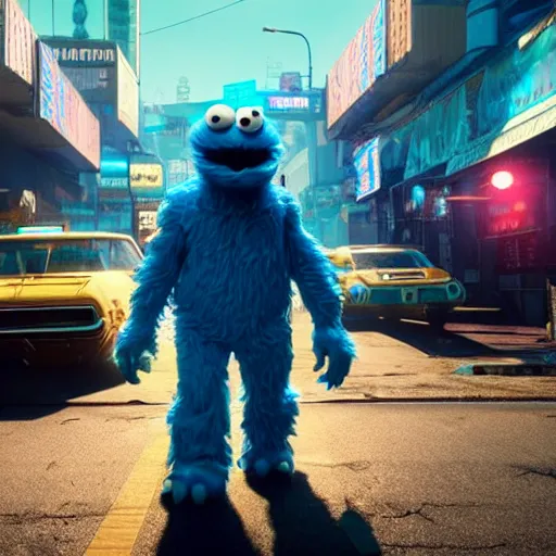 Image similar to cookie monster in cyberpunk 2 0 7 7 unreal engine 5 8 k hyperdetailed