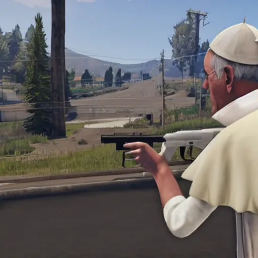 Prompt: the pope shooting a gun as a game character in gta 5, game graphics, game screenshot