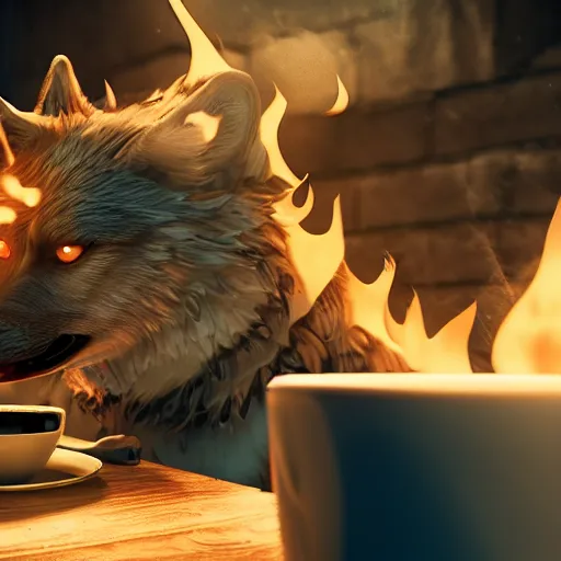 Prompt: A epic and beautiful rococo wolf drinking coffee, in a burning coffee shop. ultra-detailed. Anime, pixiv, UHD 8K CryEngine, octane render