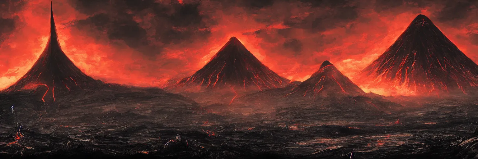Image similar to Mordor with the mount doom and eye of Sauron tower, landscape, sharp focus, sky artwork, digital art, artstation