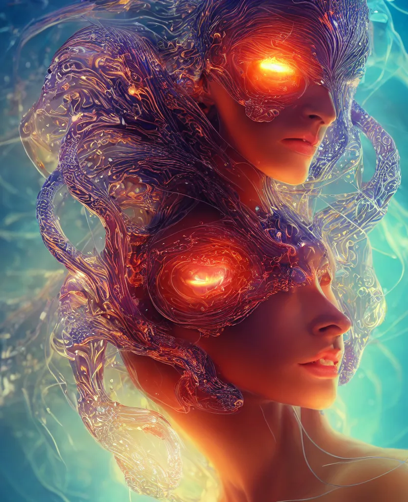 Image similar to close-up macro portrait of the face of a beautiful princess, epic angle and pose, symmetrical artwork, 3d with depth of field, blurred background, cybernetic jellyfish female face skull phoenix bird, translucent, nautilus, energy flows of water and fire. a highly detailed epic cinematic concept art CG render. made in Maya, Blender and Photoshop, octane render, excellent composition, cinematic dystopian brutalist atmosphere, dynamic dramatic cinematic lighting, aesthetic, very inspirational, arthouse. y Greg Rutkowski, Ilya Kuvshinov, WLOP, Stanley Artgerm Lau, Ruan Jia and Fenghua Zhong