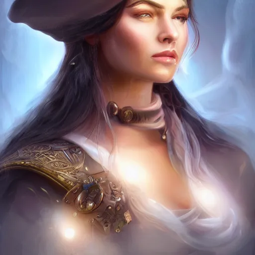 Image similar to beautiful young woman as a pirate captain, thunderstorm, diffuse lighting, full body, fantasy, intricate, highly detailed, lifelike, photorealistic, digital painting, artstation, illustration, concept art, smooth, sharp focus