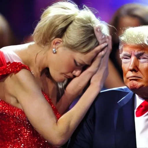 Image similar to Donald Trump losing a beauty pageant and looking sad, wiping away a tear