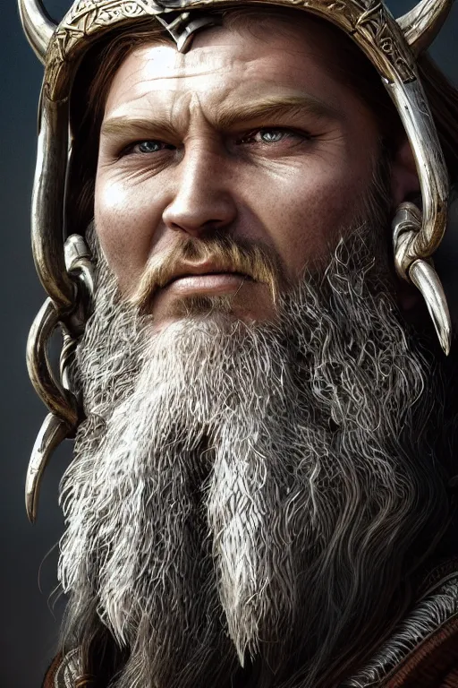 Image similar to Portrait of a Viking king, wide angle, super highly detailed, professional digital painting, artstation, concept art, smooth, sharp focus, no blur, no dof, extreme illustration, Unreal Engine 5, Photorealism, HD quality, 8k resolution, cinema 4d, 3D, beautiful, cinematic, art by artgerm and greg rutkowski and alphonse mucha and loish and WLOP