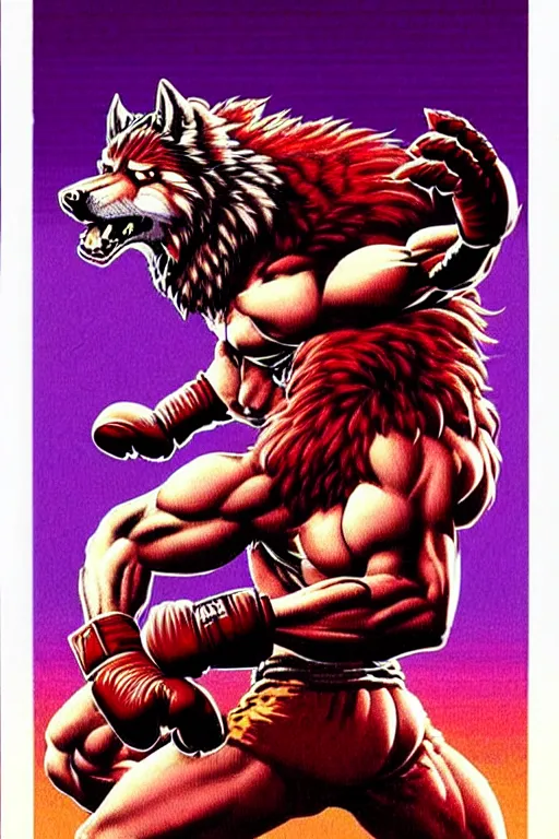 Image similar to extreme long shot. 8 bit nes graphics. 8 0's. vhs artefacts. antropomorphic muscular masculine wolf. kickboxer fighter, in shorts. wolf head. angry. fine details, very sharp, art from nes game cartridge, vaporwave style, marc simonetti and hermann nitsch and anish kapoor.