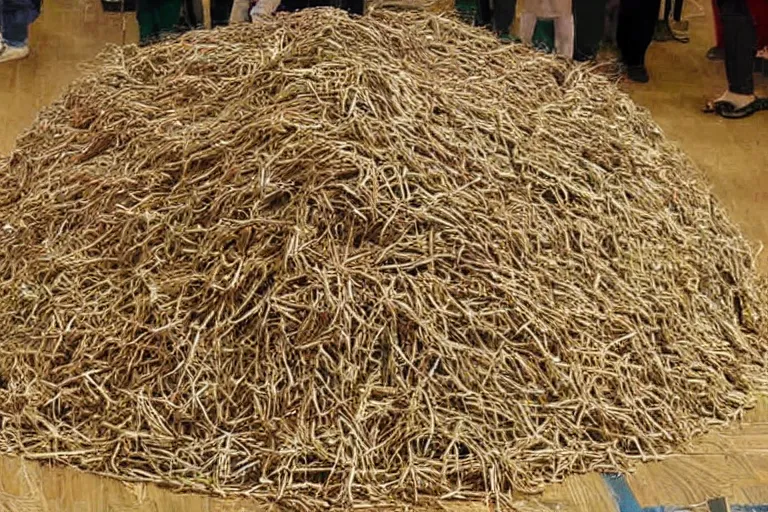 Image similar to a child made out of needles surrounded by people made of haystacks