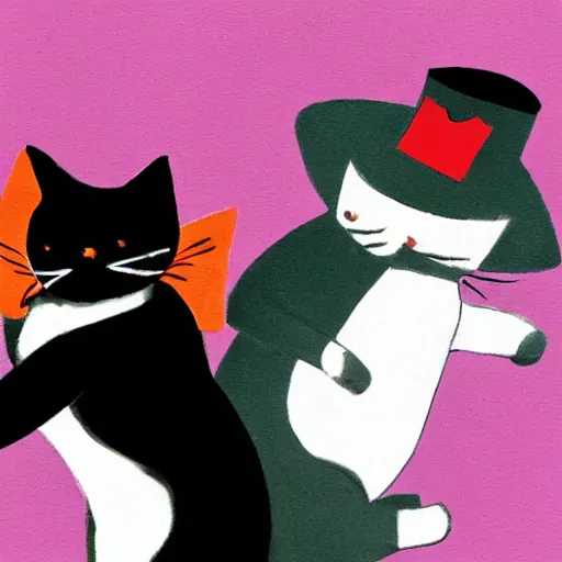 Prompt: photo of two cats dancing wearing bowler hats, realistic