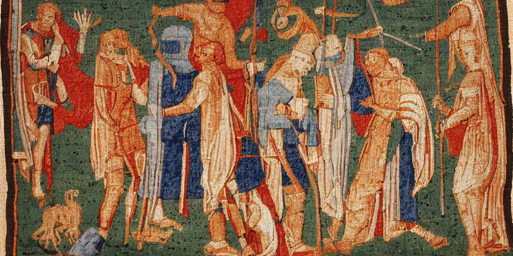 Prompt: a medieval tapestry depicting artificial intelligence replacing humans