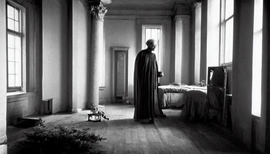 Prompt: 1 9 6 0 s movie still by tarkovsky of an elder socrates drinking hemlock in a tiny neoclassical room, cinestill 8 0 0 t 3 5 mm b & w, high quality, heavy grain, high detail, panoramic, ultra wide lens, cinematic composition, dramatic light, anamorphic, piranesi style