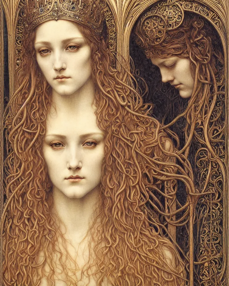 Image similar to detailed realistic beautiful young medieval queen face portrait by jean delville, gustave dore and marco mazzoni, art nouveau, symbolist, visionary, gothic, pre - raphaelite. horizontal symmetry