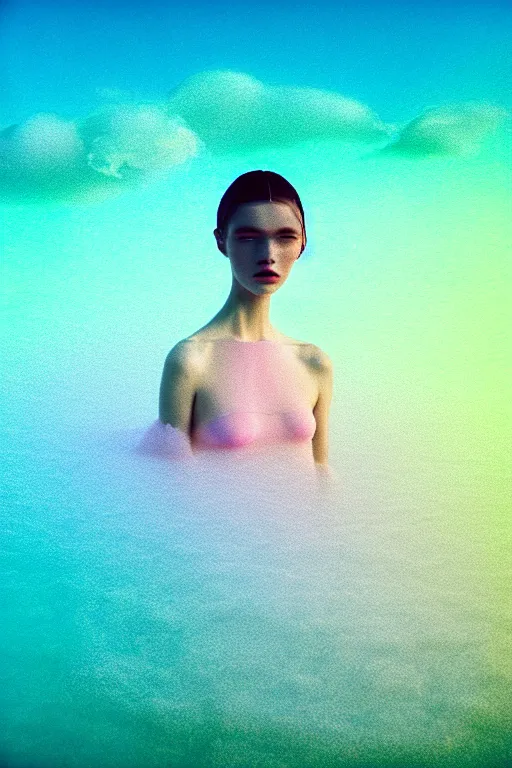 Image similar to high quality pastel coloured film close up wide angle photograph of a model wearing clothing swimming on cloud furniture in a icelandic black rock!! environment in a partially haze filled dreamstate world. three point light, rainbow. photographic production. art directed. pastel colours. volumetric clouds. pastel gradient overlay. waves glitch artefacts. extreme facial clarity. 8 k. filmic.