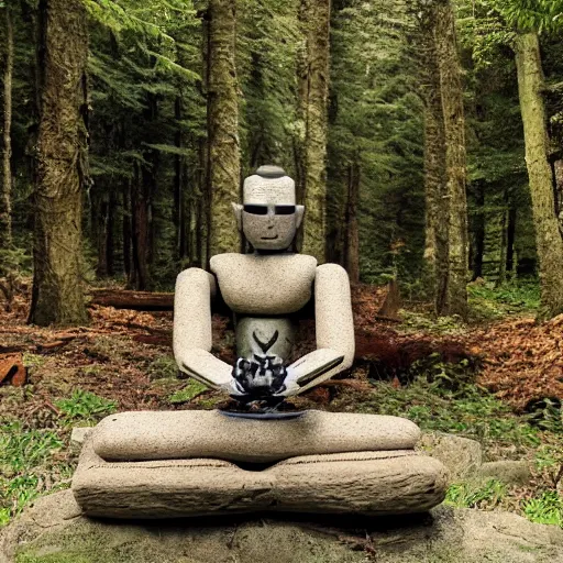 Image similar to robot monk in a forest meditating in front of a stone shrine