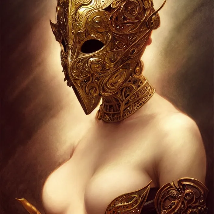 Image similar to Mask under Mask under mask, dramatic lighting, fantasy, intricate, elegant, highly detailed, lifelike, photorealistic, digital painting, artstation, illustration, concept art, smooth, sharp focus, art by John Collier and Albert Aublet and Krenz Cushart and Artem Demura and Alphonse Mucha