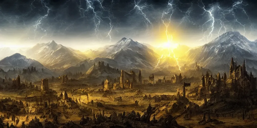 Image similar to medieval apocalypse, mysterious light, mountains on the background