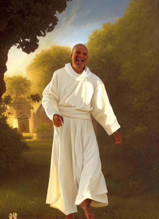 Image similar to oil painting portrait of a happy joyful rejoicing tonsured dominican monk in a white habit, striding through a flourishing garden at sunset with a monastery in the background, hazy, digital art, chiaroscuro, artstation, cinematic, golden hour, digital art painting by greg rutkowski, hazy atmosphere, flowers, cinematic lighting