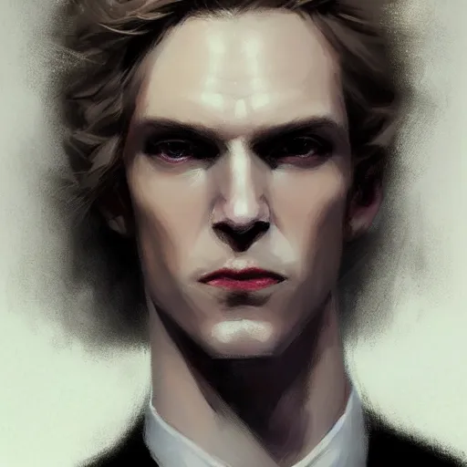 Image similar to Portrait of an androgynous man by Greg Rutkowski, he is about 30 years old, mixture between russian and irish, long fluffy blond curly hair, attractive, extremely pale white skin, smart looking, he is wearing a black futuristic lawyer outfit, highly detailed portrait, scifi, digital painting, artstation, concept art, very very very pale skin, very very long curly blond hair, smooth, sharp foccus ilustration, Artstation HQ