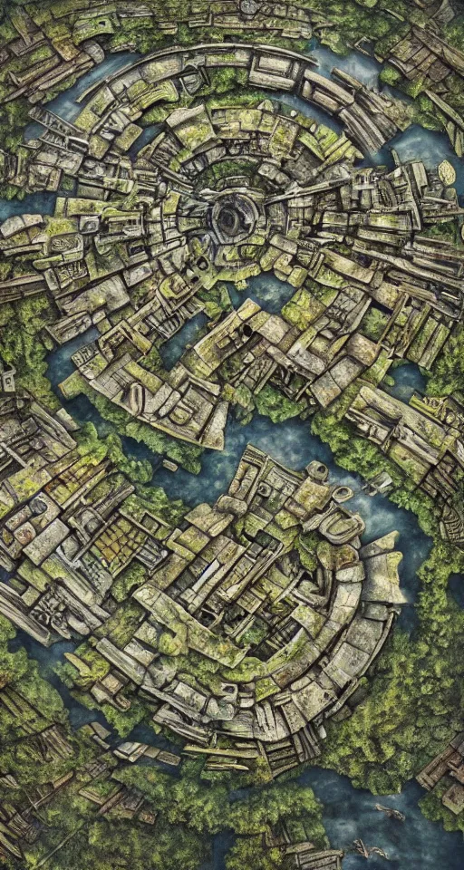 Prompt: an aerial view of a postapocalyptic world that nature has reclaimed, in the style of MC Escher