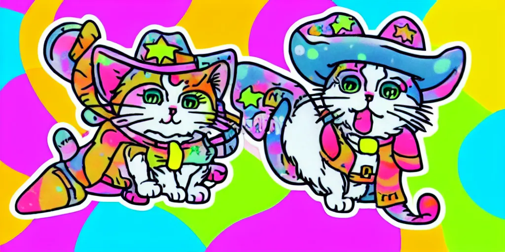 Prompt: a cat cowboy, puffy sticker, glitter sticker, kawaii by studio ghibli, by lisa frank 8 k pastel colours, neon colours, fluorescent colours,