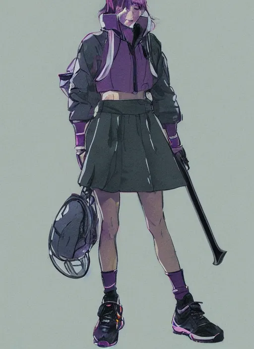 Prompt: a yoji shinkawa full body sketch of tennis player girl holding a sword wearing a puffy anorak, short purple skirt and yeezy 5 0 0 sneakers