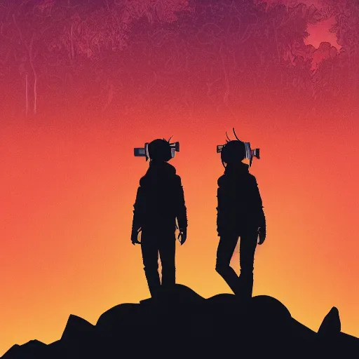 Prompt: in the style of max prentis and deathburger and laurie greasley a silhouette of two young explorers wearing cyberpunk headpieces watching the sunset in the distance from within a lush cave, highly detailed, 8k wallpaper