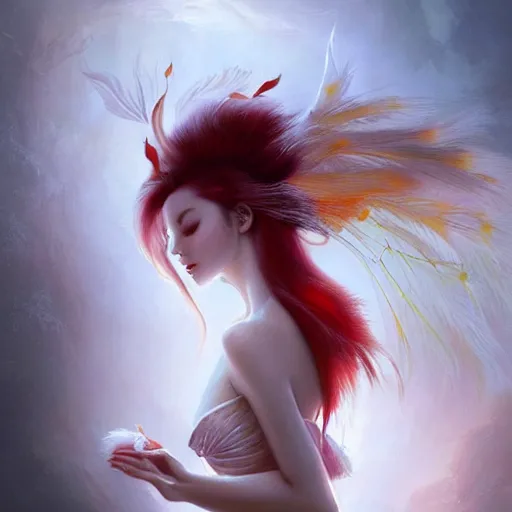 Prompt: prompt A beautiful portrait of a white red orange kumiho, stunning gorgeous cute asian face, translucent silky dress, a bra in the shape of peacock feathers, close up front view, long clumpy hair in the shape of fox tail, backlit, concept art, matte painting, by Peter Mohrbacher