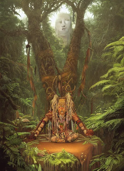 Image similar to a shaman sitting in the jungle, with faces of ancestors in the sky wearing tribal masks looking at him, hyper detailed, art by christophe vacher