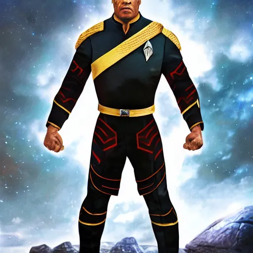 Prompt: a full body portrait of klingon dwayne johnson as a star fleet officer from star trek next generation dressed in full uniform, ultra rendered extreme realism and detail, 8 k, highly detailed, realistic, completely framed, hyper realistic, colorful, direct lighting, 3 5 mm photo, photorealistic, sharp focus