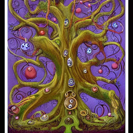 Prompt: a painting of a tree with many faces, poster art by brian and wendy froud, trending on artstation, fantasy art, lovecraftian, fractalism, poster art