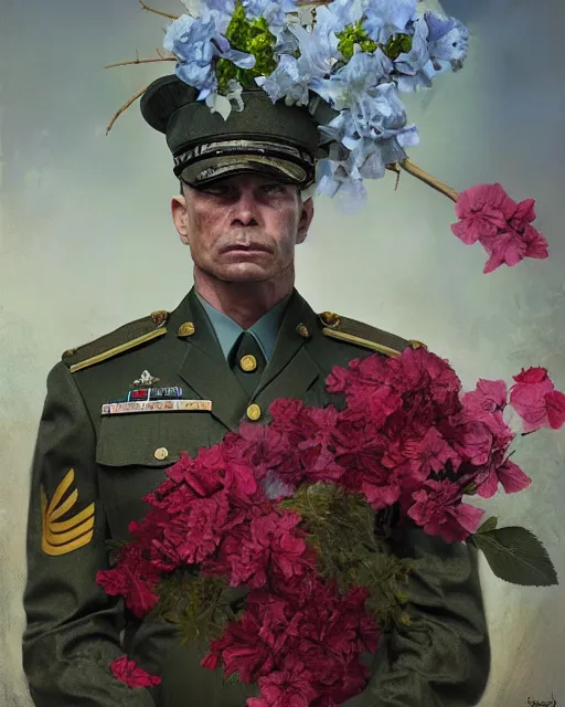 Image similar to a beautiful portrait photo of a angry military general man in uniform, looking very angry, covered by hibiscus, daffodils, hydrangea, montsera leaves by tom bagshaw and zach sutton, explosion of flowers, very detailed, artstation, 8 k