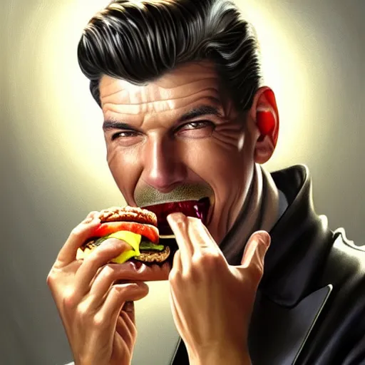 Image similar to portrait of vince mcmahon eating hamburgers, extra onions and ketchup, luscious patty with sesame seeds, feminine ethereal, handsome, d & d, fantasy, intricate, elegant, highly detailed, digital painting, artstation, concept art, matte, sharp focus, illustration, art by artgerm and greg rutkowski and alphonse mucha