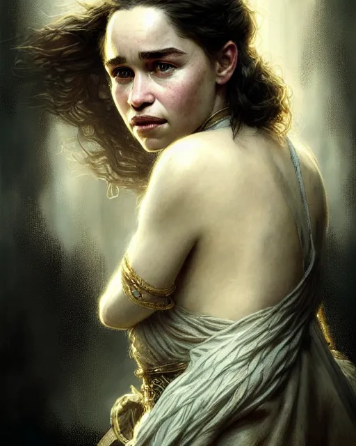 Image similar to emilia clarke pretty, character portrait, portrait, close up, concept art, intricate details, highly detailed by greg rutkowski, michael whelan and gustave dore