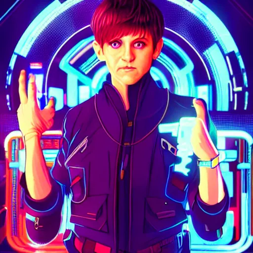 Image similar to ellen degeneres as the main character of a cyberpunk anime in the style of bladerunner by wlop and greg rutkowsky