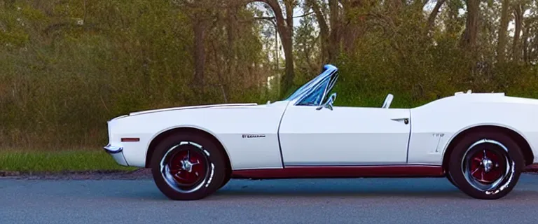 Image similar to Ermine White Chevrolet Camaro Z/28 Convertible (1967) with red interior, created by Barclay Shaw