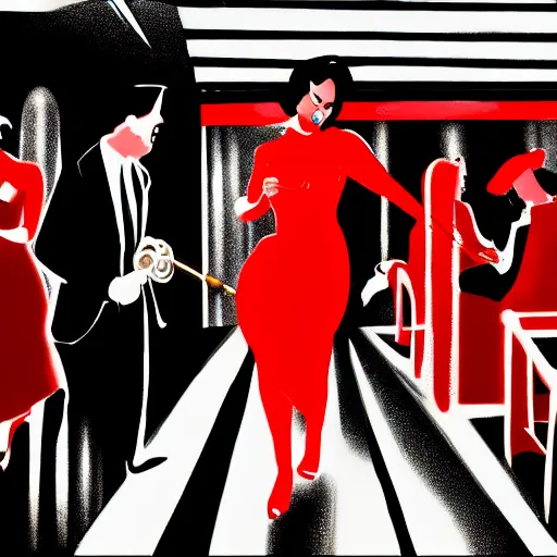 Image similar to film noir jazz bar scene, crowds of people, she arrived in a red dress, in techinicolor.