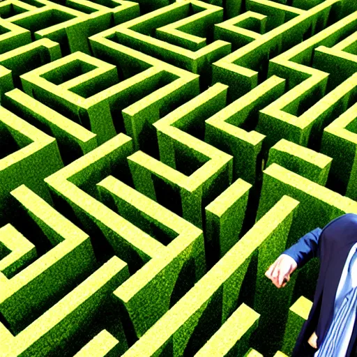 Prompt: A suited man standing in the middle of a maze in the outlined shape of a head, overhead shot, realistic, stylistic