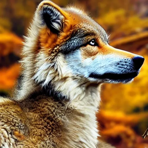 Prompt: professional digital art of a side profile of a tibetan wolf, tan and brown fur, fluffy, falling leaves, hd, 8 k, highly detailed, high quality, cute