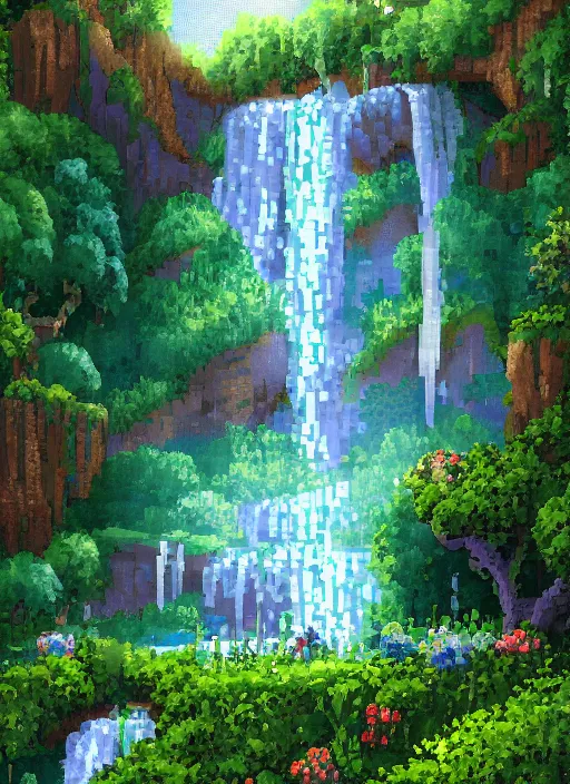 Prompt: view of a light meadow and waterfalls, beautiful detailed pixelart by albertov in the style of quest for glory iii, intricate details, beautiful, dithered, gradients, volumetric lighting, cgsociety, artstation, 2. 5 d, water speed 1