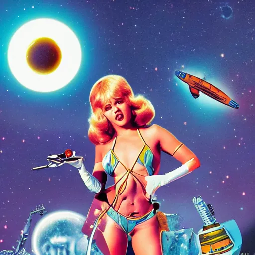 Image similar to charmin'chatty, barbarella cover, scifi pop art, 7 0's, cartoony, 4 k