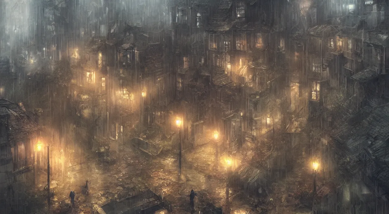 Prompt: Cold Rain in the Melancholic Estate, game concept art by Akihiko Yoshida, trending on artstation and cgsociety