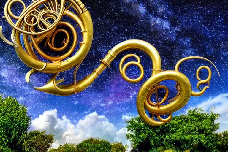 Prompt: a huge flock of many intricate elegant french horn cloud sculptures, art nouveau garden environment, soothing, milky way, award winning art, epic dreamlike fantasy landscape, ultra realistic,