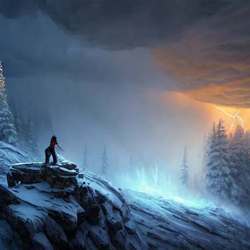 Image similar to climber, extreme cold, storm, octane rendering, volumetric lightning, hyperrealism, no blur, 4 k resolution, ultra detailed, style of ivan shishkin, tyler edlin, anato finnstark