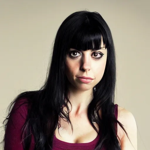 Image similar to a girl with long black hair, her face is a mix between aubrey plaza, krysten ritter and sarah hyland