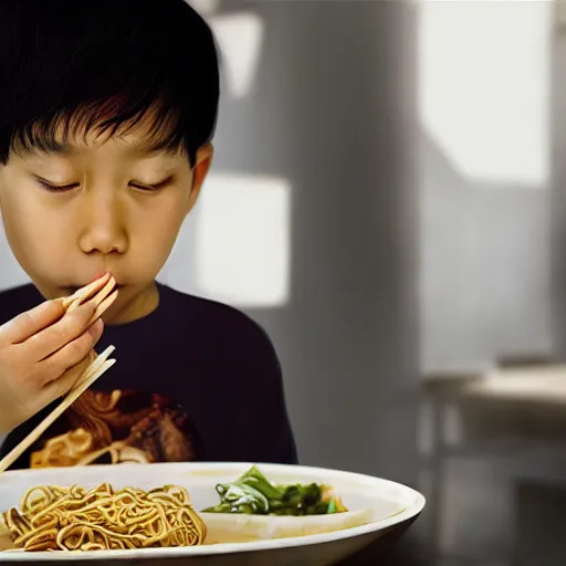 Image similar to a photorealistc digital art of a young asian boy eating noodles, award winning photography, trending on artstation