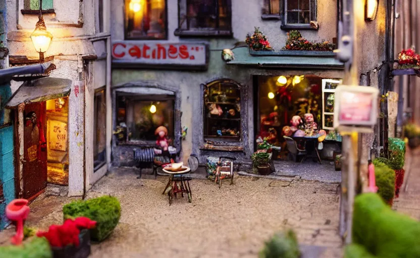 Image similar to miniature cafe diorama macro photography, cafe with felted bunnies, alleyway, ambient, atmospheric, british, cozy, bokeh, romantic