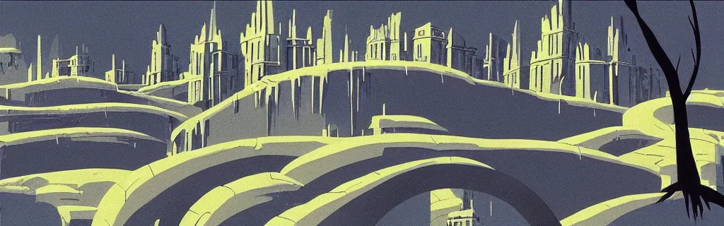 Image similar to doomsday, ruins of the city, blue and white tones, animated film, stylised, illustration, by eyvind earle, scott wills, genndy tartakovski