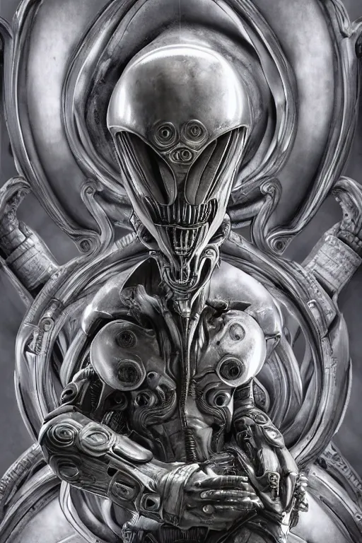 Image similar to engineer prometheus, xenomorph alien, highly detailed, symmetrical long head, smooth marble surfaces, detailed ink illustration, raiden metal gear, cinematic smooth stone, deep aesthetic, concept art, post process, 4k, carved marble texture and silk cloth, latex skin, highly ornate intricate details, prometheus, evil, moody lighting, hr geiger, hayao miyazaki, indsutrial Steampunk