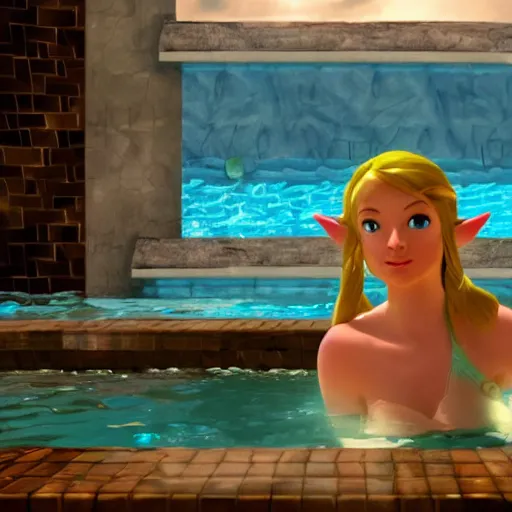 Image similar to zelda in the future city taking a bath in the swimming pool of a hotel