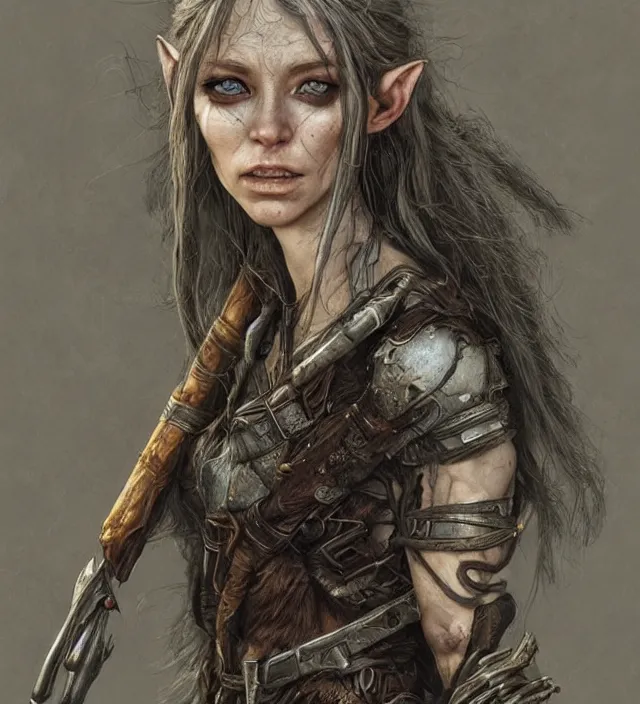 Image similar to hyper realistic portrait of postapocalyptic elf woman, cinematic, symmetrical face, dark crystal, artstation, cgsociety, alan lee, brian froud jean baptiste monge, scott radke